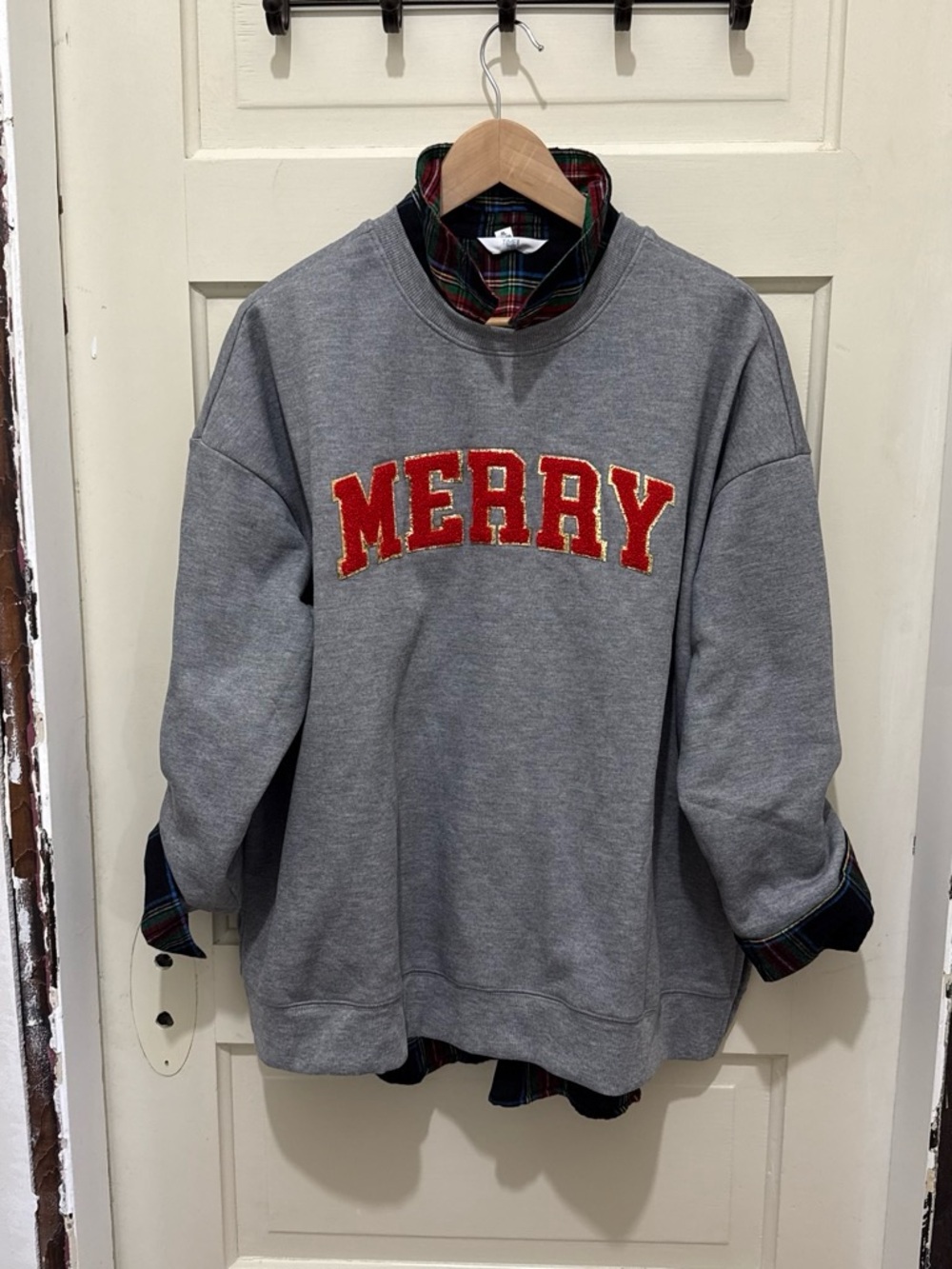 Merry Graphic Crewneck Sweatshirt - Gray with Red Lettering